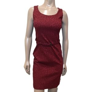 JACOB Sleeveless Belted Sheath Dress Leopard Print Monochrome Burgundy